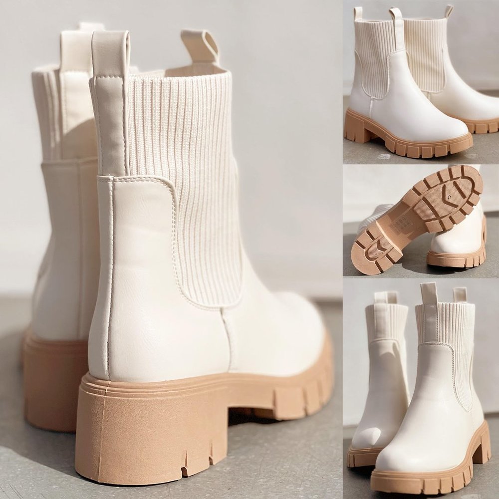 NEW Off White Chunky Lug Sole Platform Elastic Sock Ankle Chelsea Bootie Boots - Picture 5 of 12